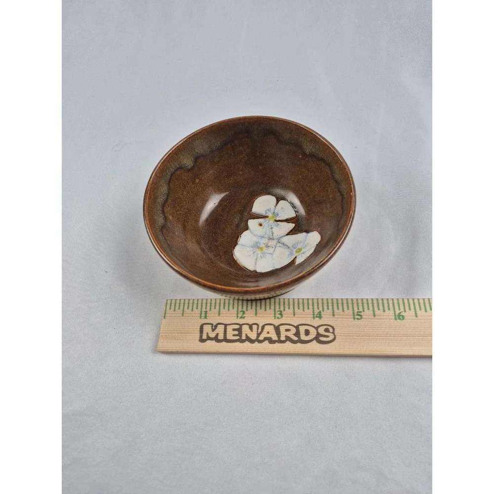 Signed Studio Art Pottery Bowl Blue White Flowers Handmade Ceramic Trinket Dish